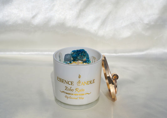 Echo Rain 18.5oz hand-poured candle in a frosted glass jar with gold stainless steel lid, crafted from eco-friendly soy and coconut wax, offering a luxury gift experience and long burn time.