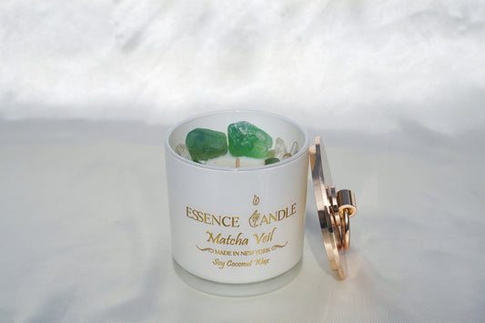 Matcha Veil 18.5oz hand-poured candle in a frosted glass jar with gold stainless steel lid, crafted from eco-friendly soy and coconut wax, offering a luxury gift experience and long burn time.