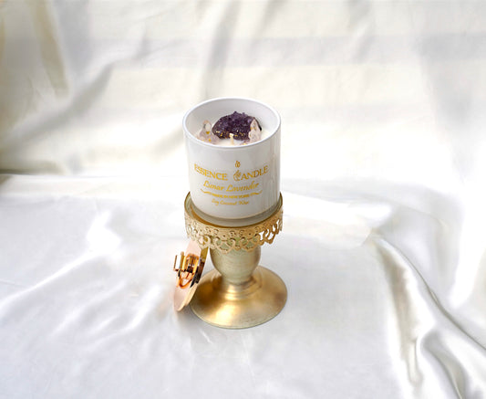 Hand-poured Lunar Lavender candle, 18.5oz frosted glass jar with gold stainless steel lid, eco-friendly soy and coconut wax, long burn time.