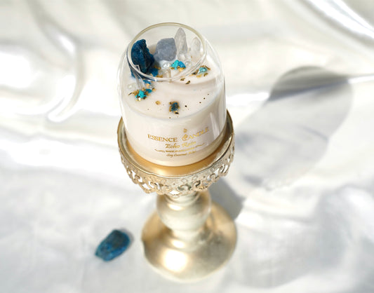 Eco-friendly Echo Rain crystal candle, 17 oz jar with rainforest aroma, obsidian, amazonite, and clear quartz. Soy coconut wax blend with gold accents, artisan crafted in New York.