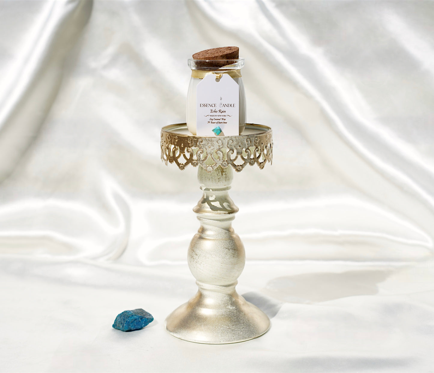 Echo Rain 4 oz rainforest crystal candle with turquoise howlite, rainbow aura quartz, and gold flakes, soy coconut wax, handmade in New York with long-lasting burn.