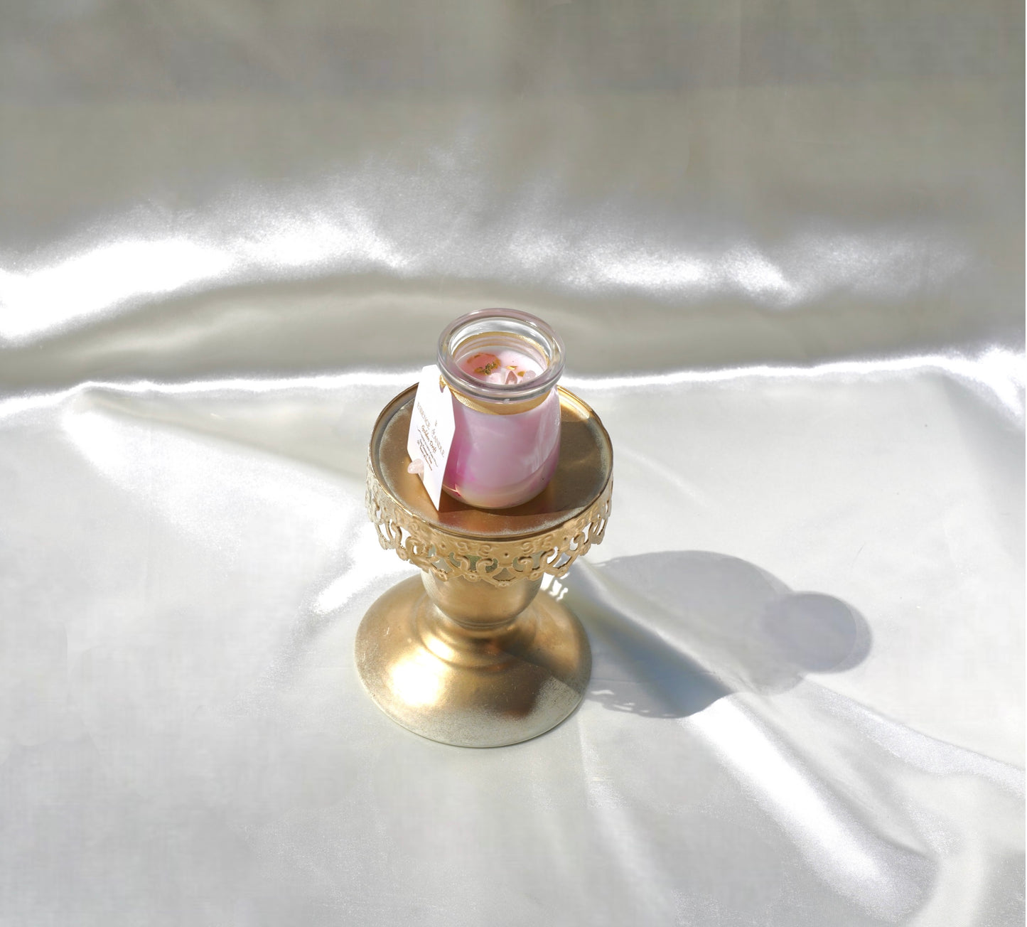 Handmade Ivory Spring 4 oz luxury candle, clean burn with rose quartz and clear quartz crystals, gold detailing, crafted in New York.