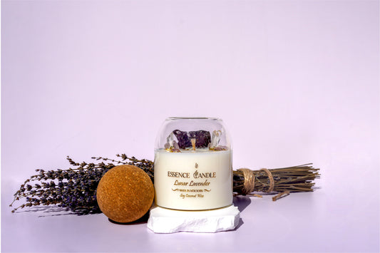 Elegant lavender crystal candle, 17 oz jar with Amethyst and Clear Quartz, long burn, artisan hand-poured with gold detailing.