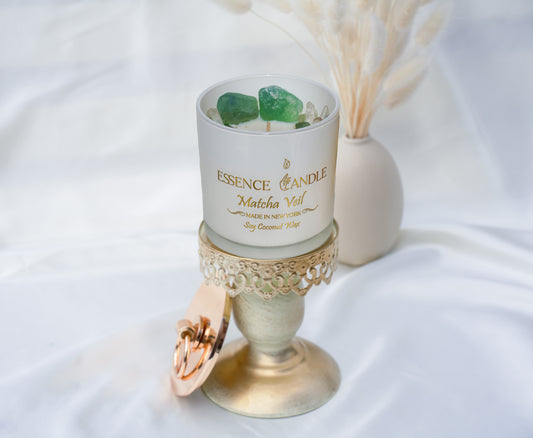 Hand-poured Matcha Veil candle, 18.5oz frosted glass jar with gold stainless steel lid, a luxury eco-friendly gift made from soy and coconut wax with a long burn time.