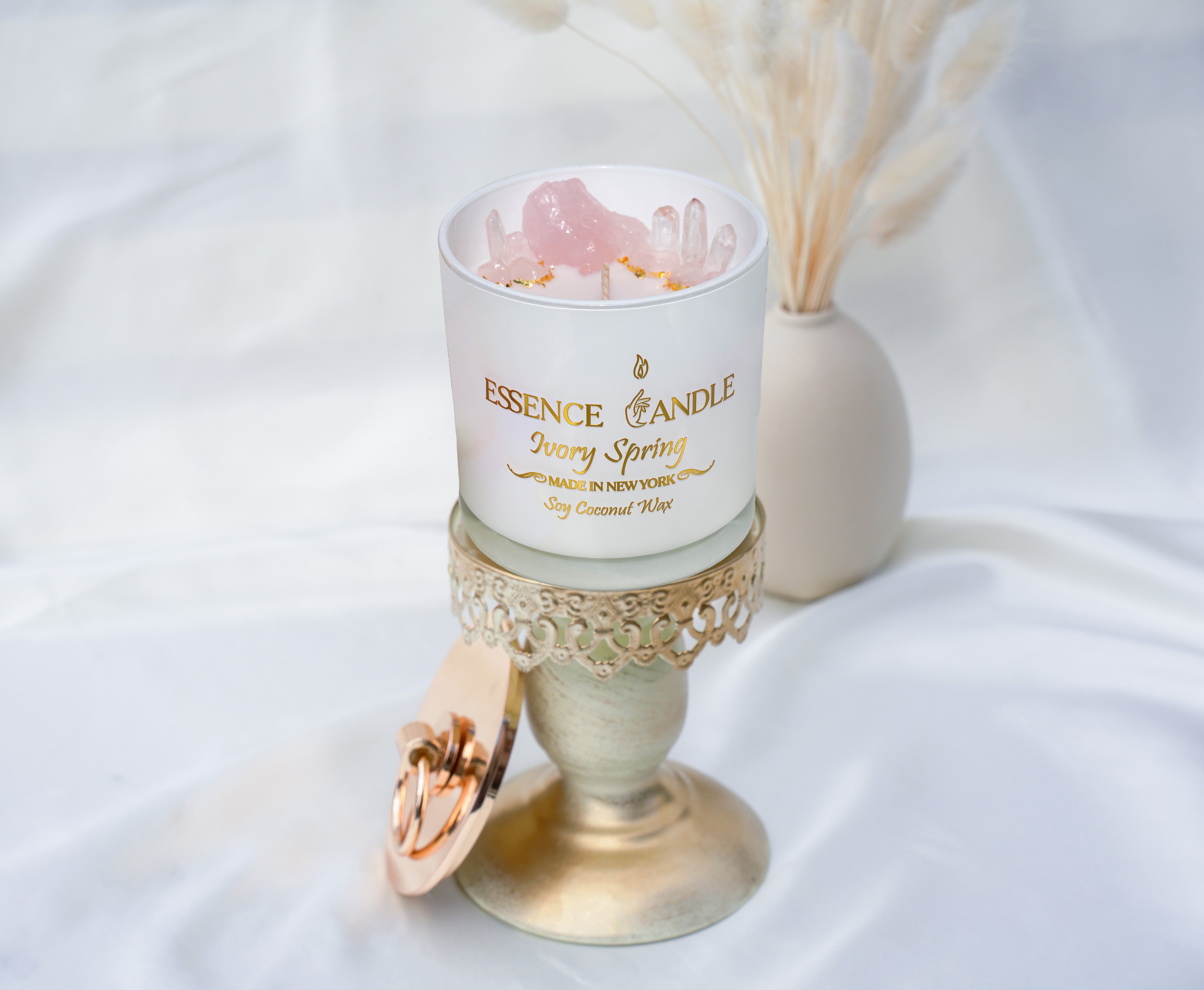 Ivory Spring | 18.5 oz Ylang Ylang Crystal Candle with Rose Quartz