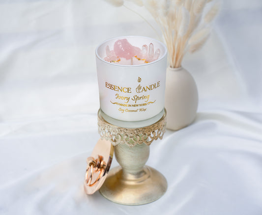 Hand-poured Ivory Spring candle, 18.5oz frosted glass jar with gold stainless steel lid, a luxury eco-friendly gift made from soy and coconut wax with a long burn time.