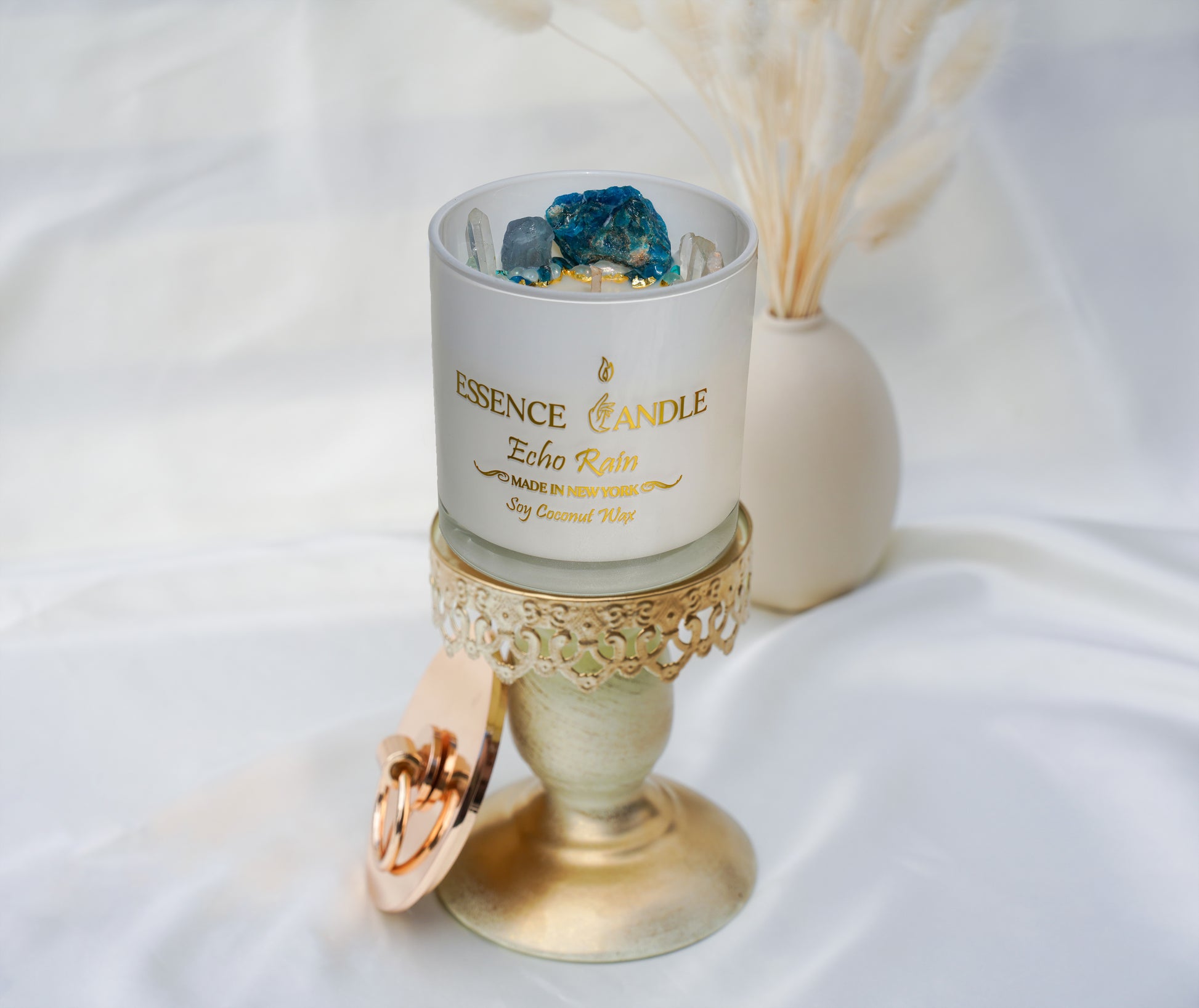 Hand-poured Echo Rain candle, 18.5oz frosted glass jar with gold stainless steel lid, a luxury eco-friendly gift made from soy and coconut wax with a long burn time.