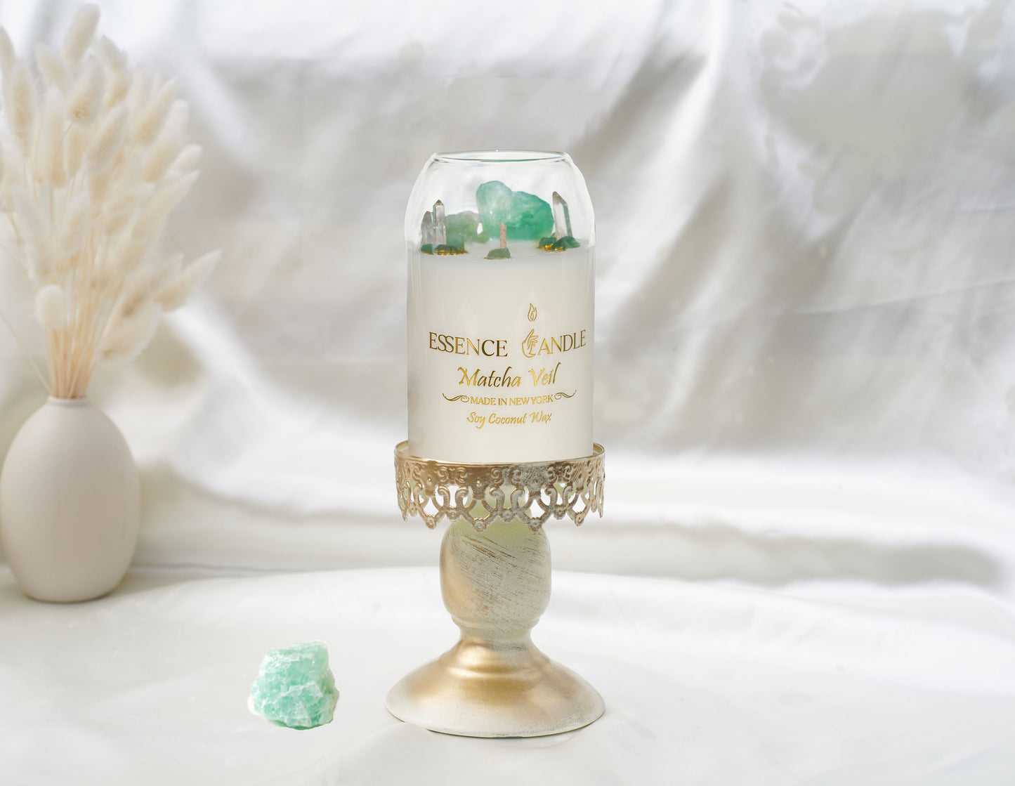 Hand-poured Matcha Veil candle, 27oz clear glass jar with natural cork lid, a luxury eco-friendly gift made from soy and coconut wax with a long burn time.
