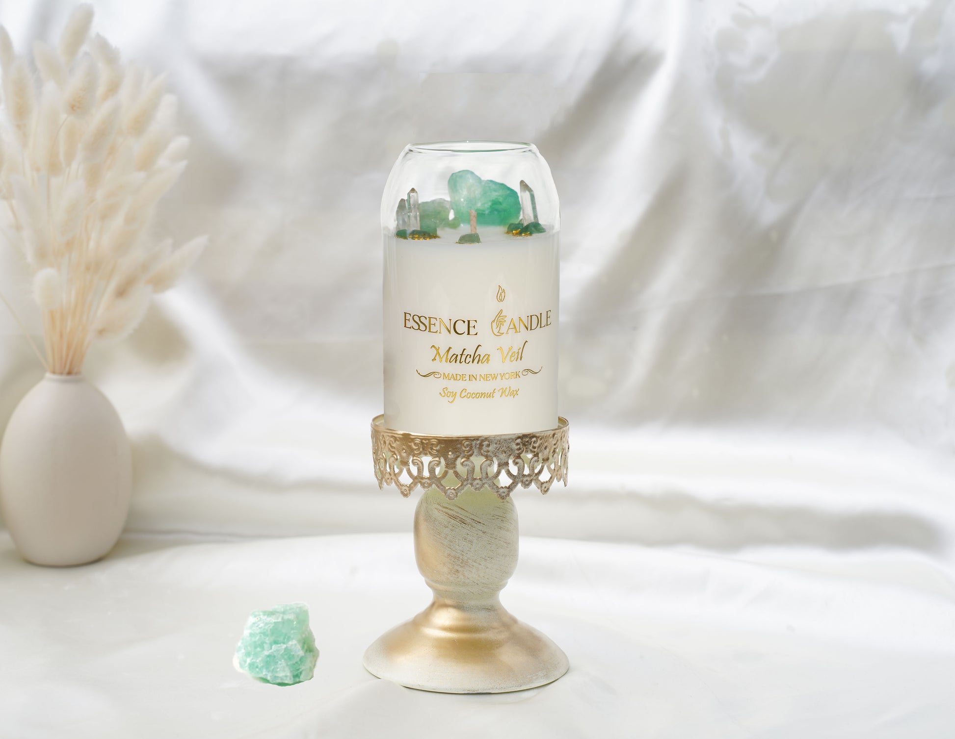 Hand-poured Matcha Veil candle, 27oz clear glass jar with natural cork lid, a luxury eco-friendly gift made from soy and coconut wax with a long burn time.