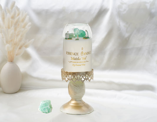 Hand-poured Matcha Veil candle, 27oz clear glass jar with natural cork lid, a luxury eco-friendly gift made from soy and coconut wax with a long burn time.