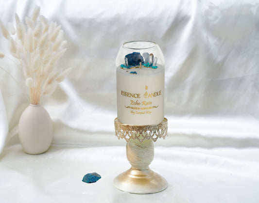 Hand-poured Echo Rain candle, 27oz clear glass jar with natural cork lid, a luxury eco-friendly gift made from soy and coconut wax with a long burn time.