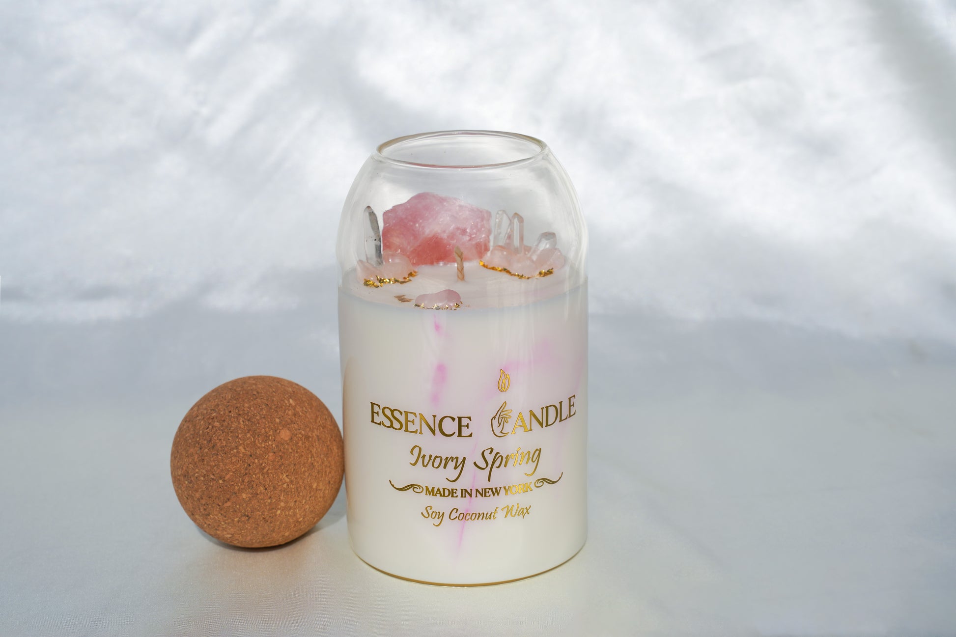 Hand-poured Ivory Spring candle, 27oz clear glass jar with natural cork lid, a luxury eco-friendly gift made from soy and coconut wax with a long burn time.