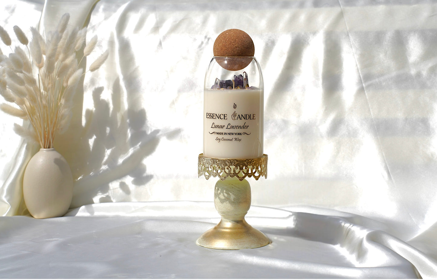 Luxury Lunar Lavender candle decorated with amethyst and quartz crystals, artisan handcrafted, clean burning, long burn time.
