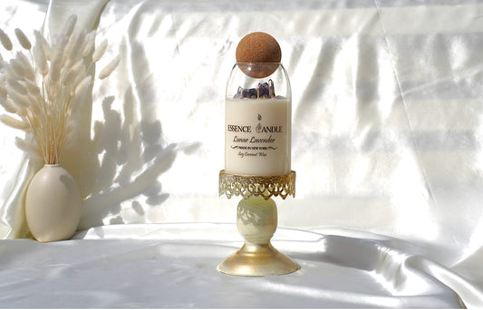 Luxury Lunar Lavender candle decorated with amethyst and quartz crystals, artisan handcrafted, clean burning, long burn time.