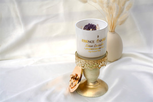 Luxury Lunar Lavender 18.5oz frosted glass candle with amethyst and clear quartz crystals, soy coconut wax blend, handmade in New York.
