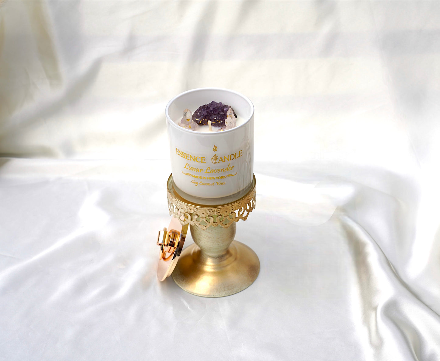 Hand-poured Lunar Lavender candle, 18.5oz frosted glass jar with gold stainless steel lid, eco-friendly soy and coconut wax, long burn time.