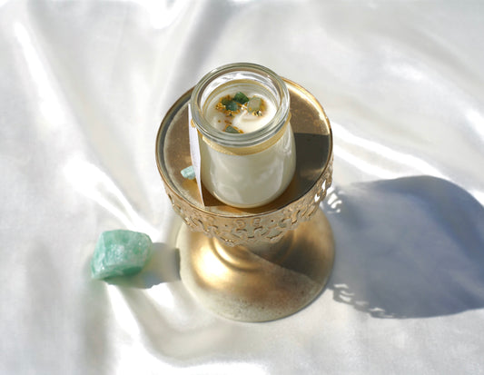 Eco-luxury Matcha Veil 4 oz candle, artisan poured in New York with aventurine to restore optimism and clear quartz to sharpen focus, clean-burning soy coconut wax gift candle.