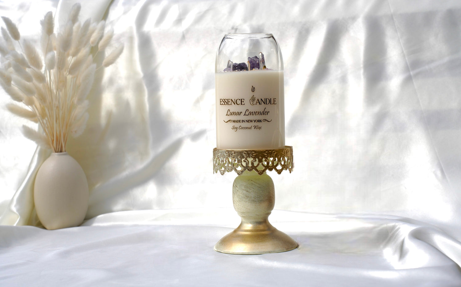 Artisan Lunar Lavender luxury candle with amethyst and clear quartz crystals, sustainable soy coconut wax, clean smoke-free burn.