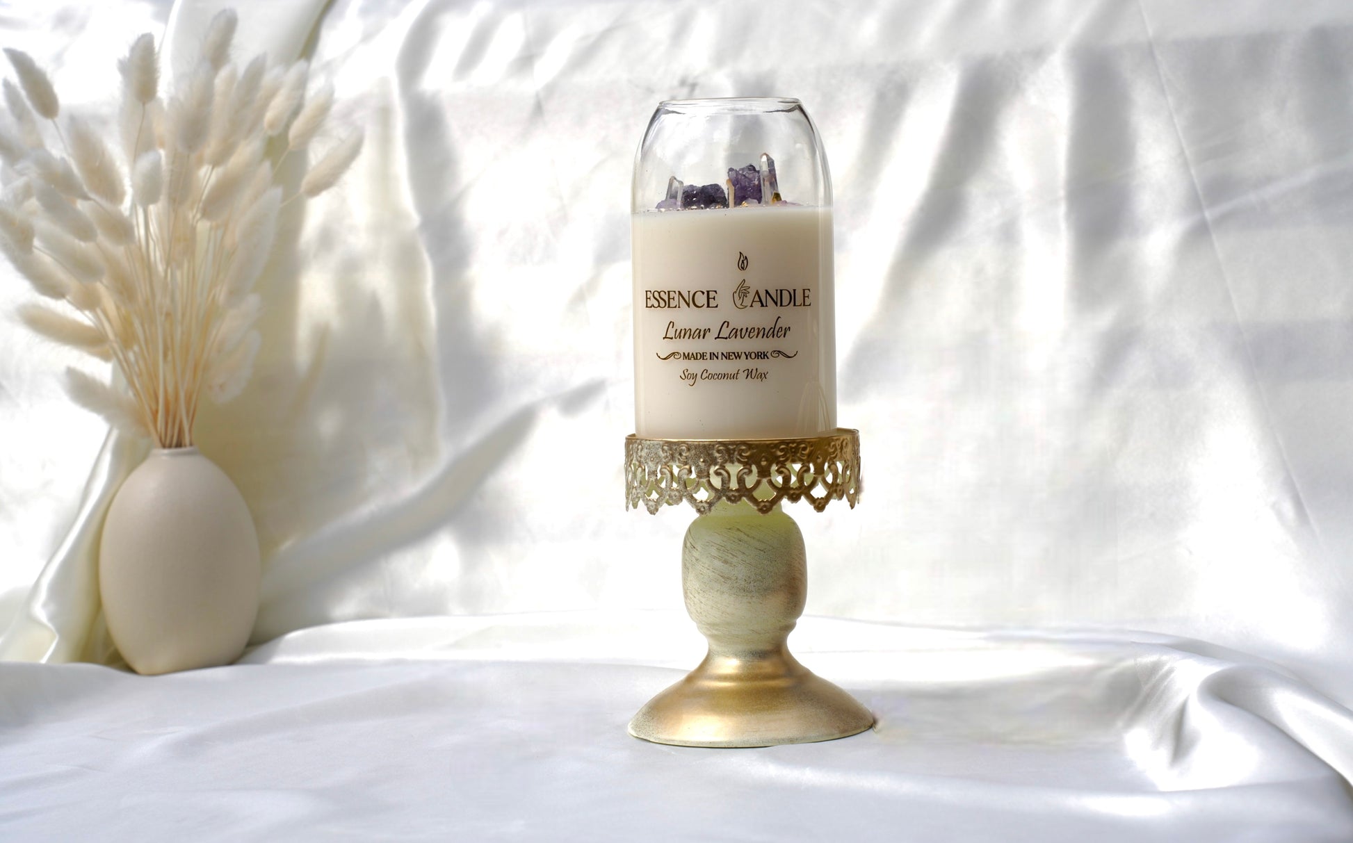 Artisan Lunar Lavender luxury candle with amethyst and clear quartz crystals, sustainable soy coconut wax, clean smoke-free burn.