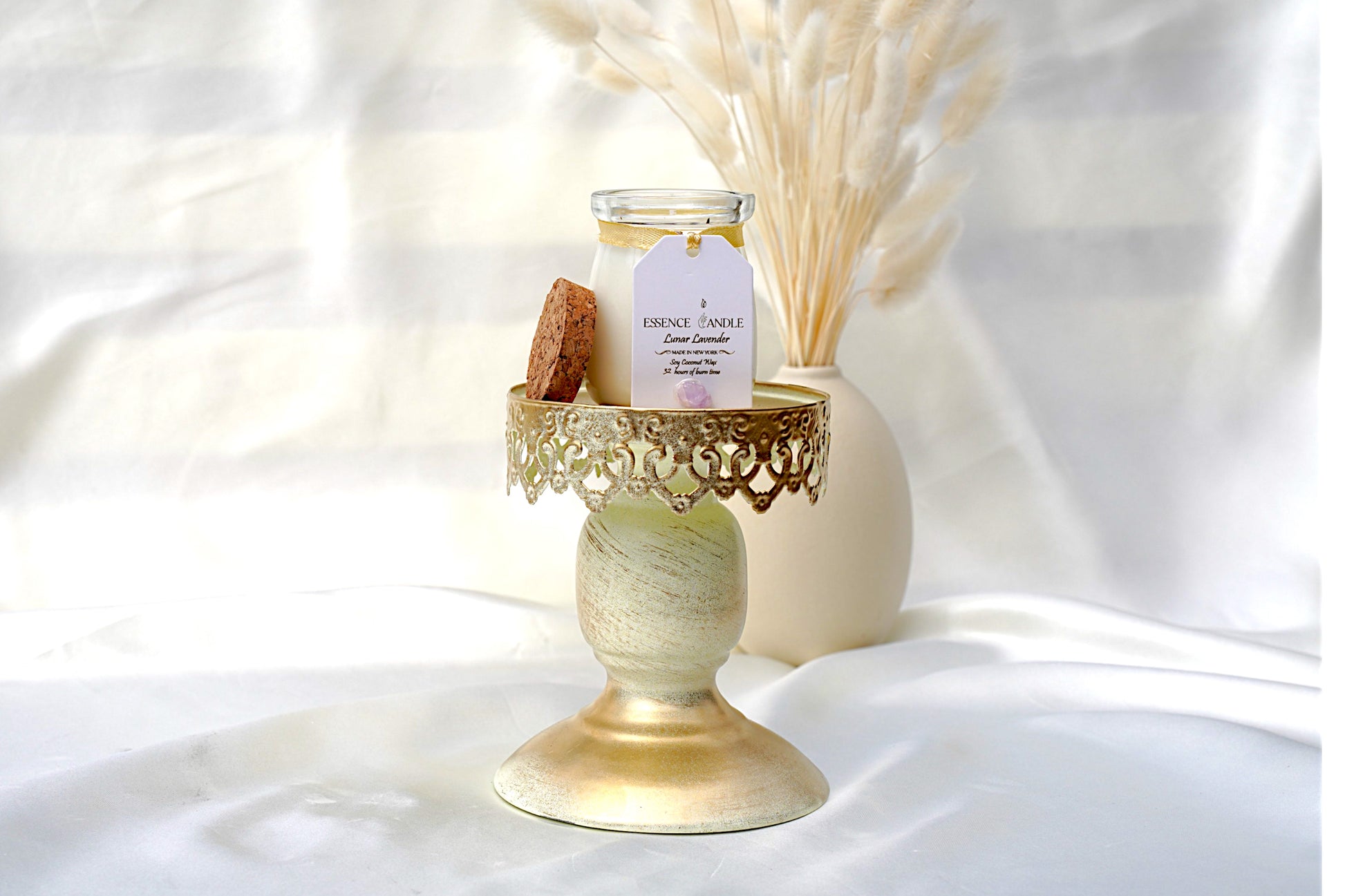 Eco-friendly Lunar Lavender 4 oz crystal candle, soy coconut wax blend with Amethyst & Clear Quartz, luxury gift candle.