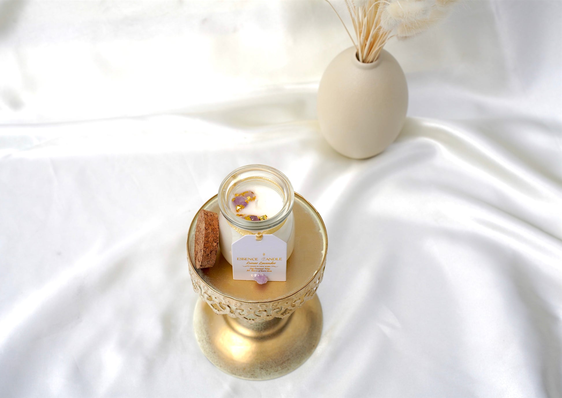 Handmade lavender 4 oz candle, Lunar Lavender scent with Amethyst and Clear Quartz, clean burn, artisan made in New York.