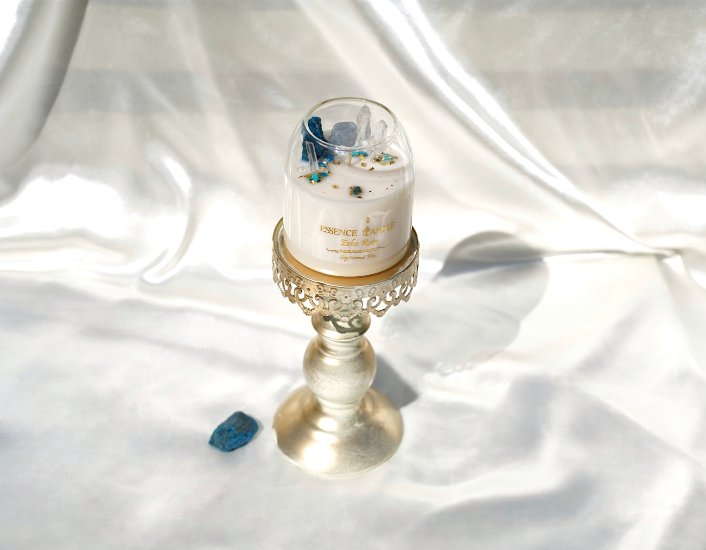 Healing Echo Rain candle infused with rainforest scent, obsidian, amazonite, and clear quartz crystals. 17 oz luxury jar, soy coconut wax, handmade in New York, extended burn.