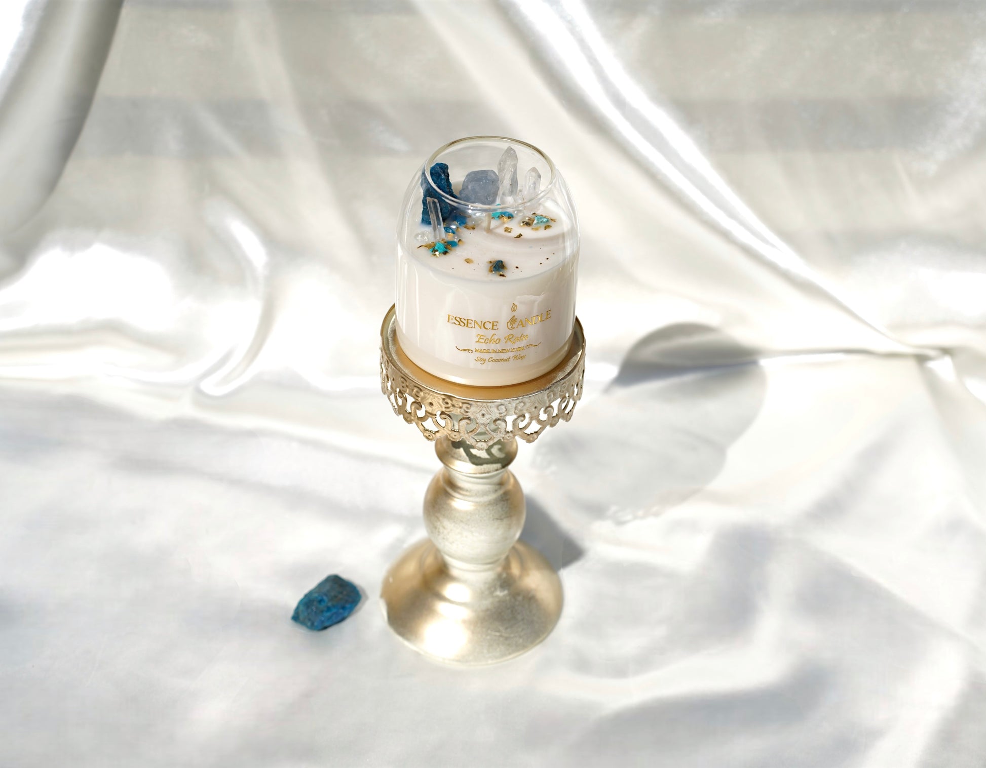 Healing Echo Rain candle infused with rainforest scent, obsidian, amazonite, and clear quartz crystals. 17 oz luxury jar, soy coconut wax, handmade in New York, extended burn.