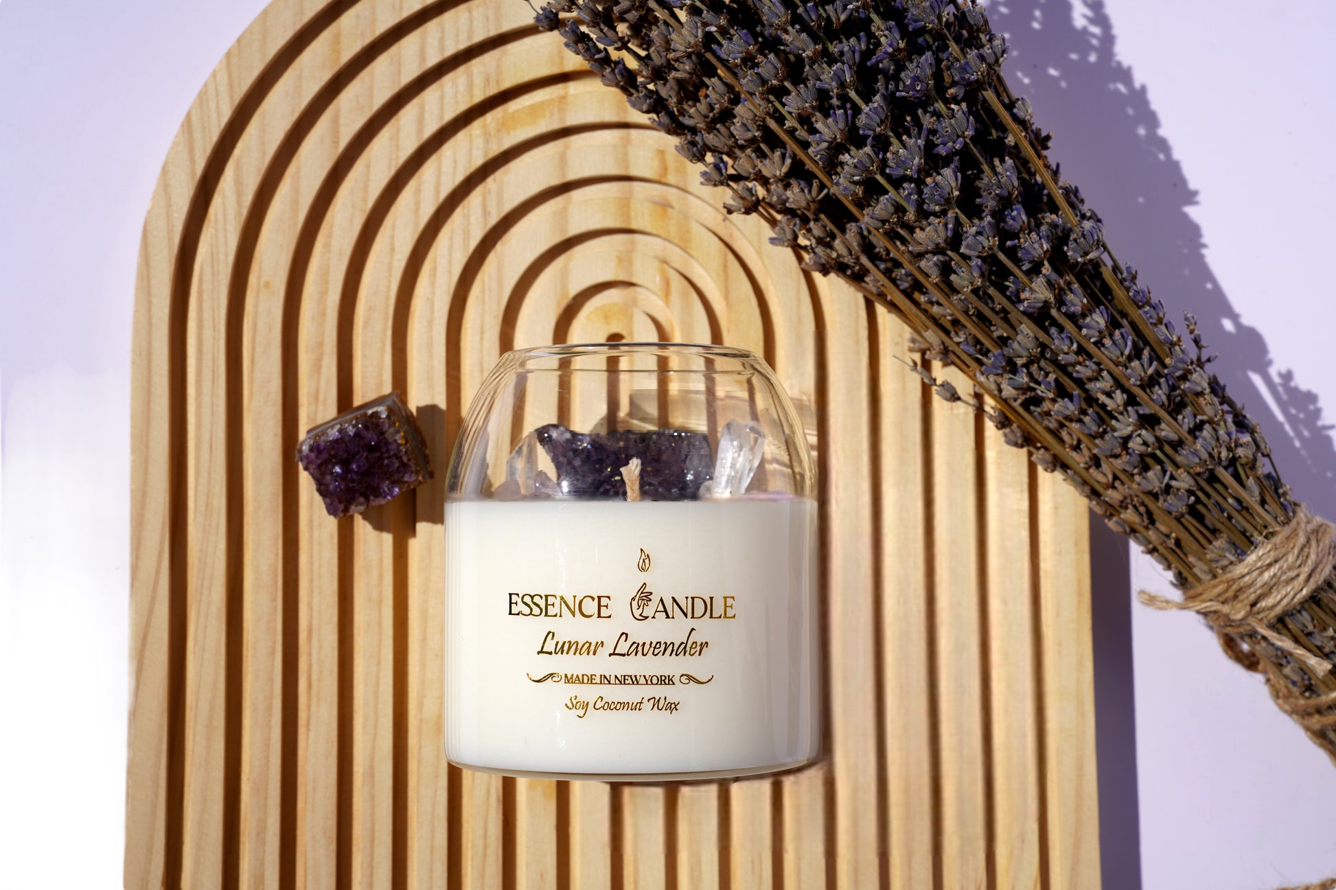 Eco-friendly 17 oz lavender crystal candle, soy coconut wax blend with Amethyst and Clear Quartz crystals, luxury gift from New York.