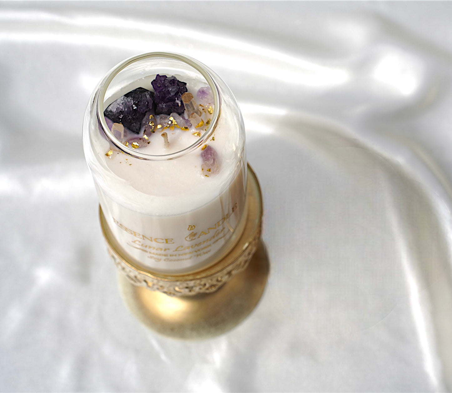 Eco-friendly lavender crystal candle infused with amethyst and quartz, soy coconut wax, cotton wick, handmade in New York.