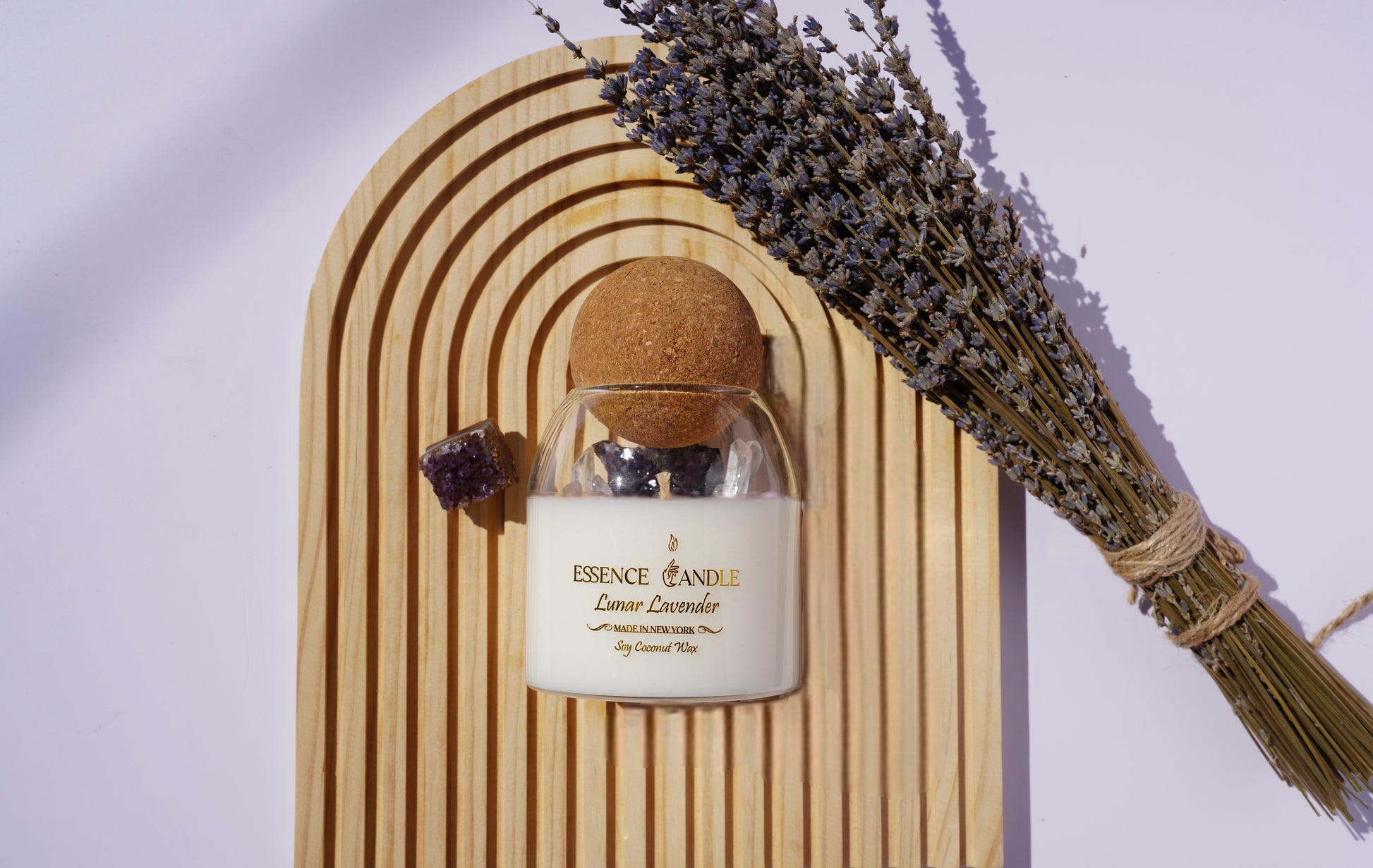 Handmade Lunar Lavender 17 oz candle, luxury soy coconut wax with healing Amethyst and Clear Quartz stones, gold accents.