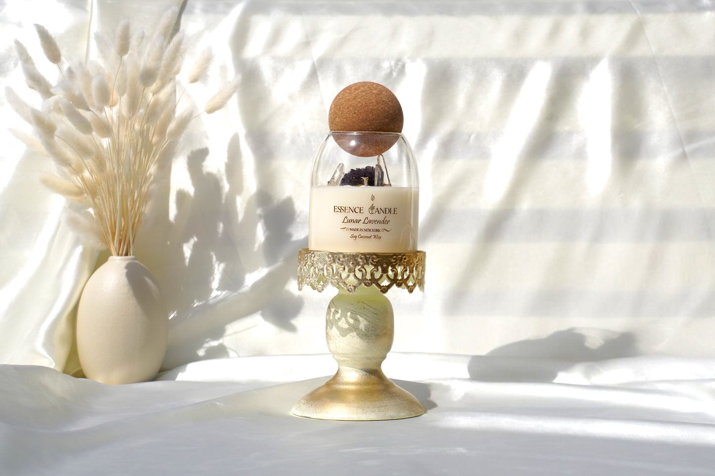 Luxury 17 oz Lunar Lavender crystal candle with Amethyst & Clear Quartz, eco-friendly soy coconut wax, handmade in New York.