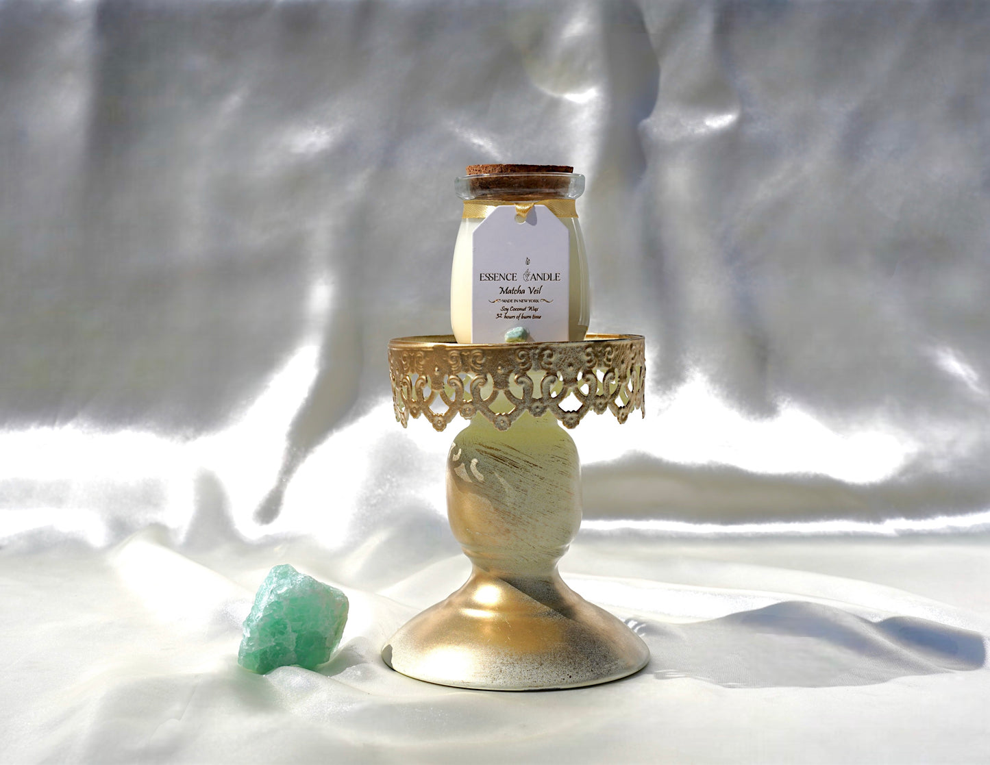 Matcha Veil 4 oz luxury green tea crystal candle with aventurine for renewal and clear quartz for clarity, eco-friendly soy coconut wax, hand-poured in New York, perfect gift.